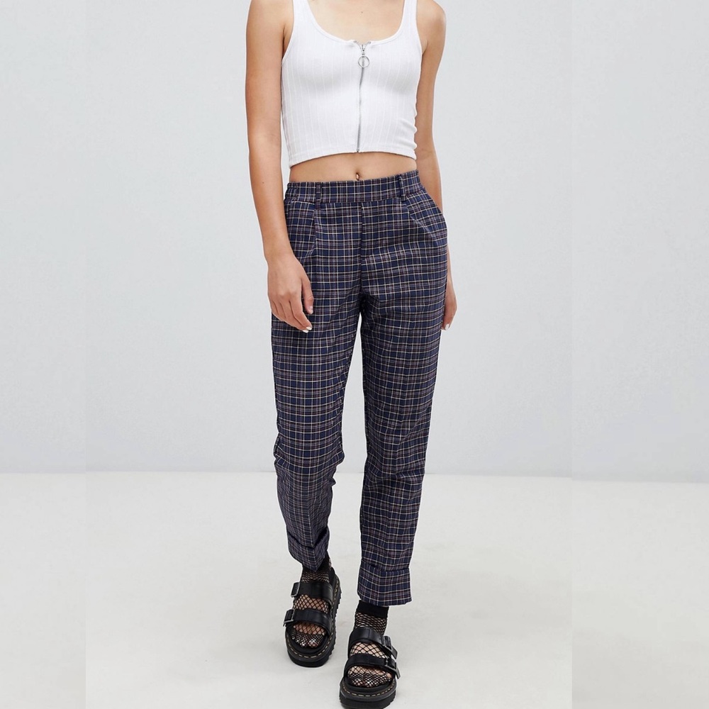 ASOS / Bershka navy check turn-up pants